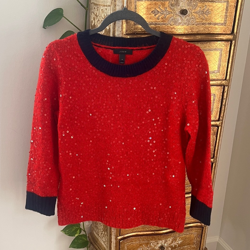 J. Crew Red Sequin Crewneck Sweater with Contrast Trim size medium